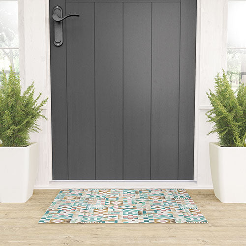 Ninola Design Charming Nostalgia Geometric Tiles Patchwork Aqua Pink Gold Welcome Mat