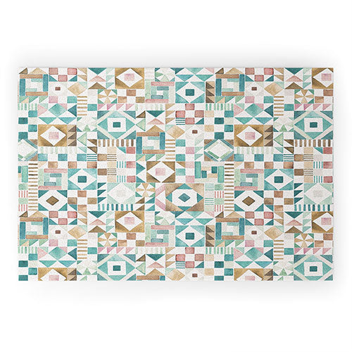 Ninola Design Charming Nostalgia Geometric Tiles Patchwork Aqua Pink Gold Welcome Mat