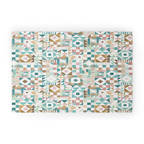 Ninola Design Charming Nostalgia Geometric Tiles Patchwork Aqua Pink Gold Welcome Mat