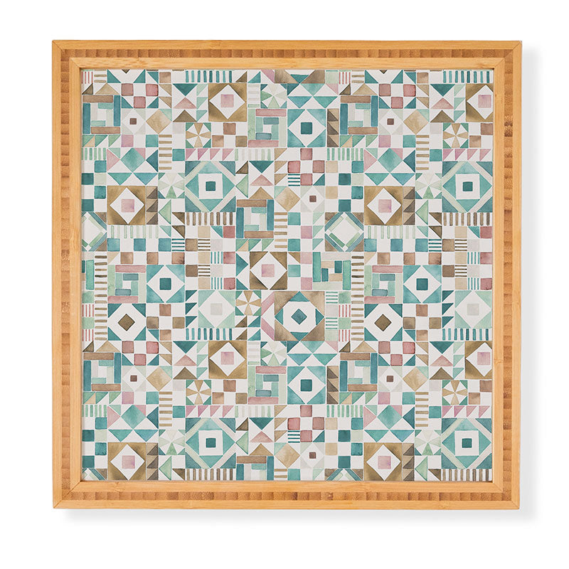 Ninola Design Charming Nostalgia Geometric Tiles Patchwork Aqua Pink Gold Framed Wall Art