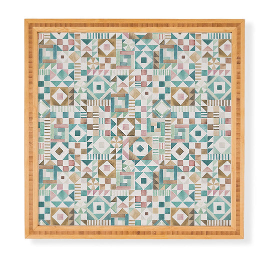 Ninola Design Charming Nostalgia Geometric Tiles Patchwork Aqua Pink Gold Framed Wall Art