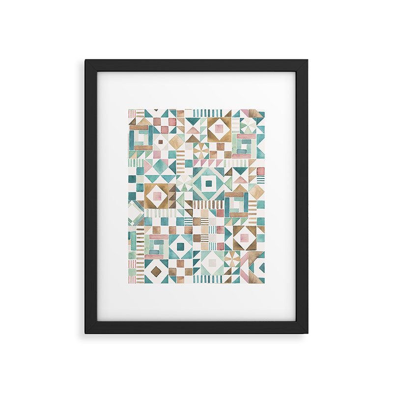 Ninola Design Charming Nostalgia Geometric Tiles Patchwork Aqua Pink Gold Framed Art Print