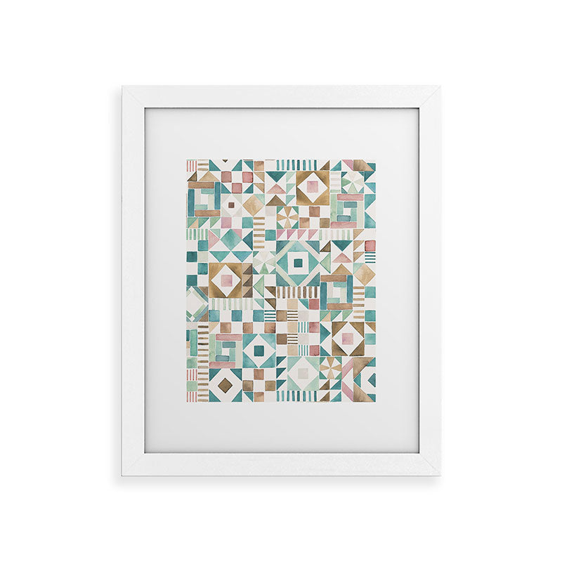 Ninola Design Charming Nostalgia Geometric Tiles Patchwork Aqua Pink Gold Framed Art Print