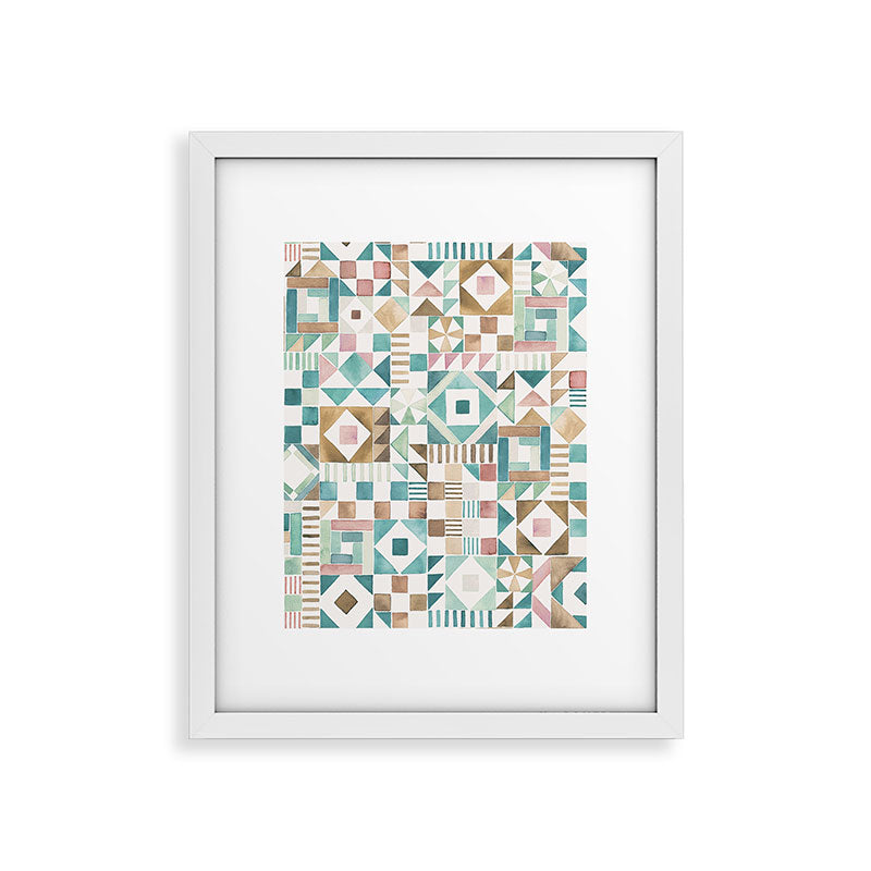 Ninola Design Charming Nostalgia Geometric Tiles Patchwork Aqua Pink Gold Framed Art Print