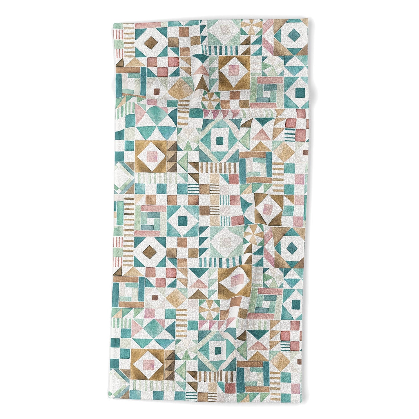 Ninola Design Charming Nostalgia Geometric Tiles Patchwork Aqua Pink Gold Beach Towel