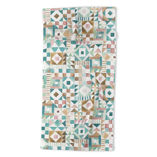 Ninola Design Charming Nostalgia Geometric Tiles Patchwork Aqua Pink Gold Beach Towel
