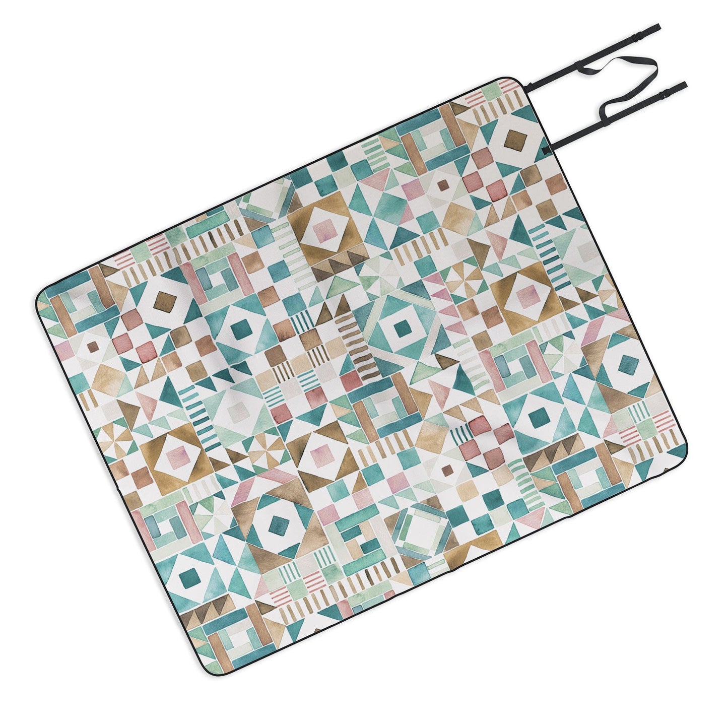 Ninola Design Charming Nostalgia Geometric Tiles Patchwork Aqua Pink Gold Picnic Blanket
