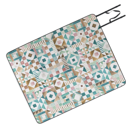 Ninola Design Charming Nostalgia Geometric Tiles Patchwork Aqua Pink Gold Picnic Blanket