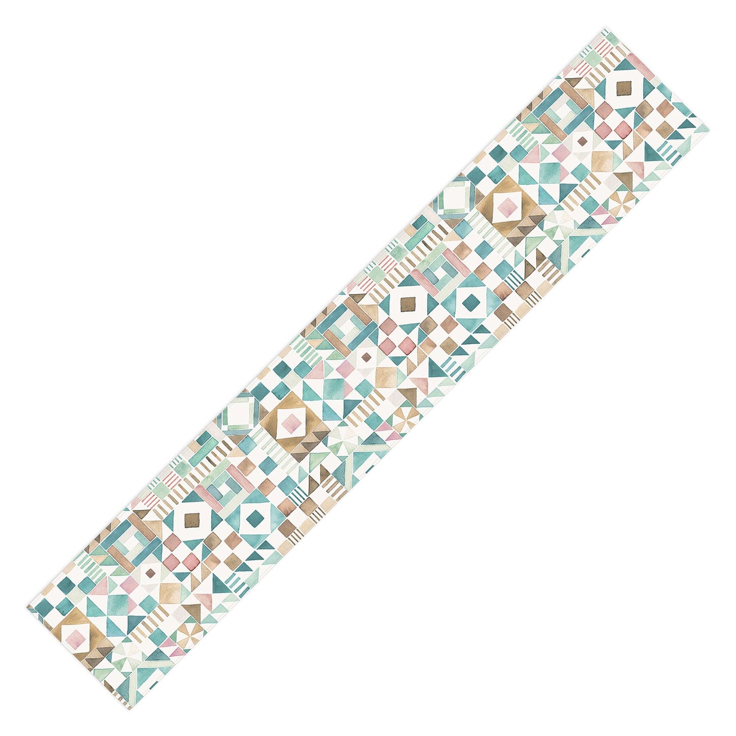 Ninola Design Charming Nostalgia Geometric Tiles Patchwork Aqua Pink Gold Table Runner