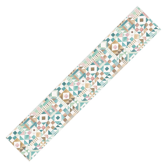 Ninola Design Charming Nostalgia Geometric Tiles Patchwork Aqua Pink Gold Table Runner