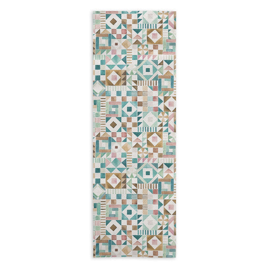 Ninola Design Charming Nostalgia Geometric Tiles Patchwork Aqua Pink Gold Yoga Towel