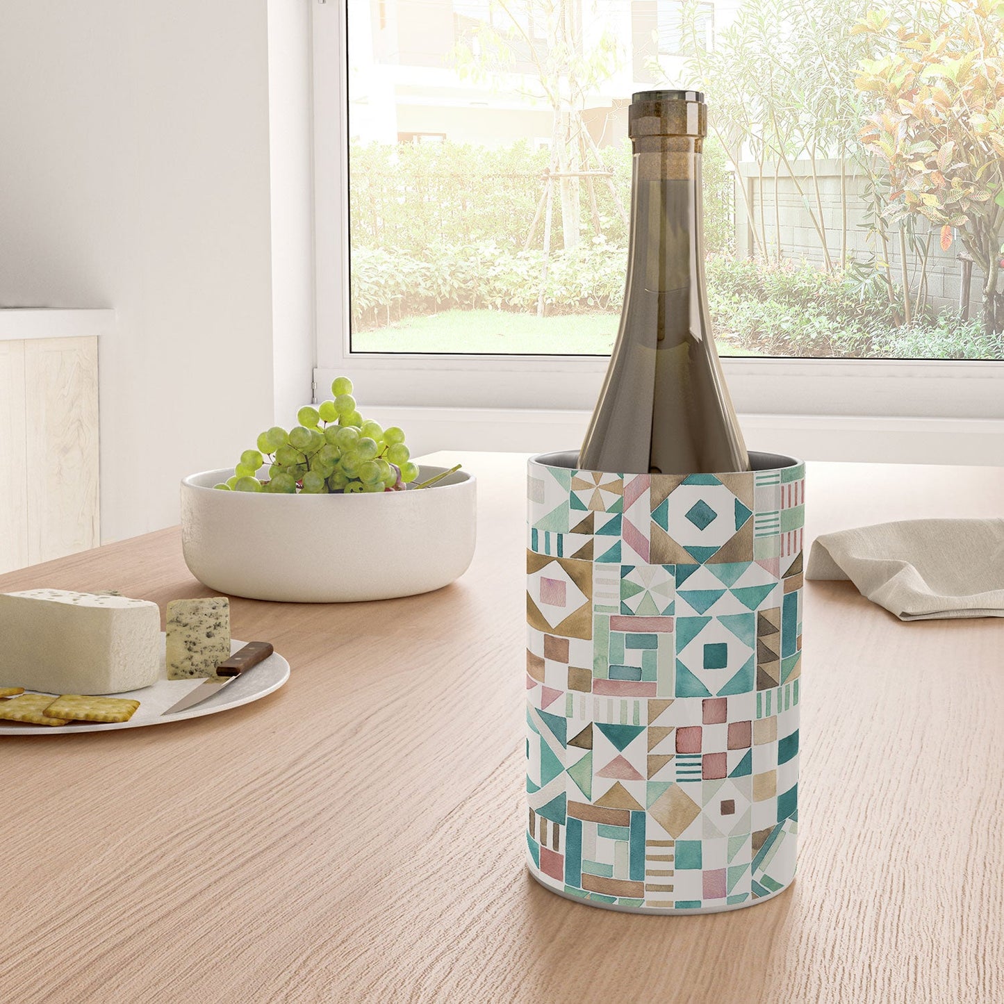 Ninola Design Charming Nostalgia Geometric Tiles Patchwork Aqua Pink Gold Wine Chiller