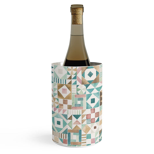 Ninola Design Charming Nostalgia Geometric Tiles Patchwork Aqua Pink Gold Wine Chiller