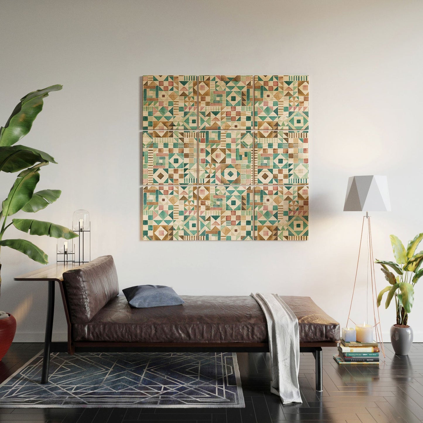 Ninola Design Charming Nostalgia Geometric Tiles Patchwork Aqua Pink Gold Wood Wall Mural