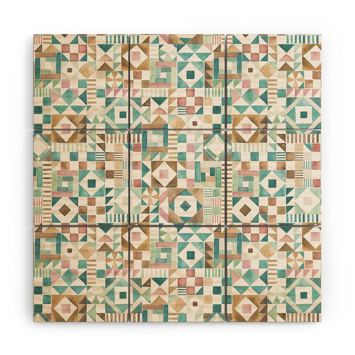 Ninola Design Charming Nostalgia Geometric Tiles Patchwork Aqua Pink Gold Wood Wall Mural