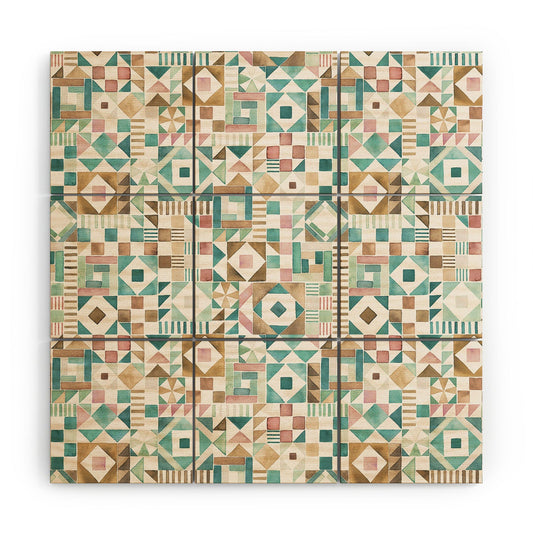 Ninola Design Charming Nostalgia Geometric Tiles Patchwork Aqua Pink Gold Wood Wall Mural