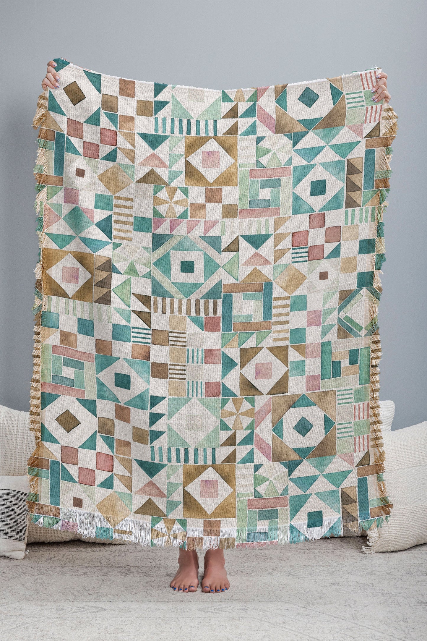 Ninola Design Charming Nostalgia Geometric Tiles Patchwork Aqua Pink Gold Throw Blanket