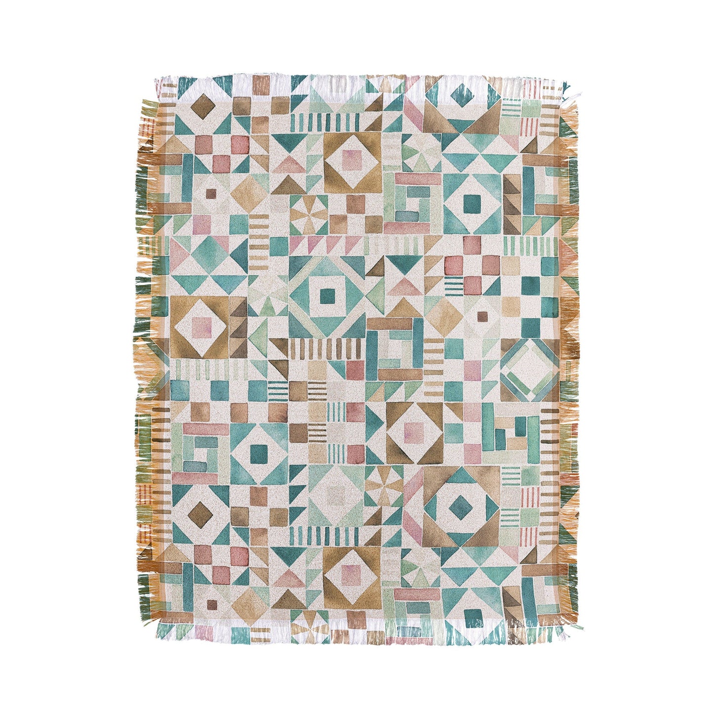 Ninola Design Charming Nostalgia Geometric Tiles Patchwork Aqua Pink Gold Throw Blanket