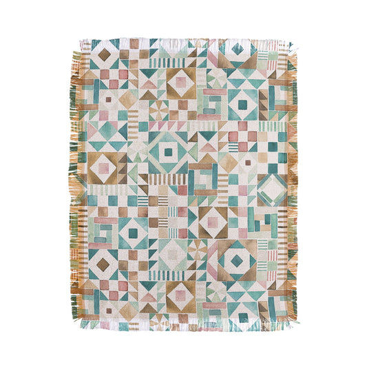 Ninola Design Charming Nostalgia Geometric Tiles Patchwork Aqua Pink Gold Throw Blanket
