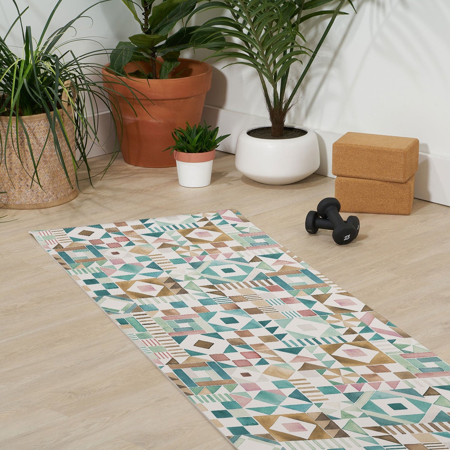 Ninola Design Charming Nostalgia Geometric Tiles Patchwork Aqua Pink Gold Yoga Mat
