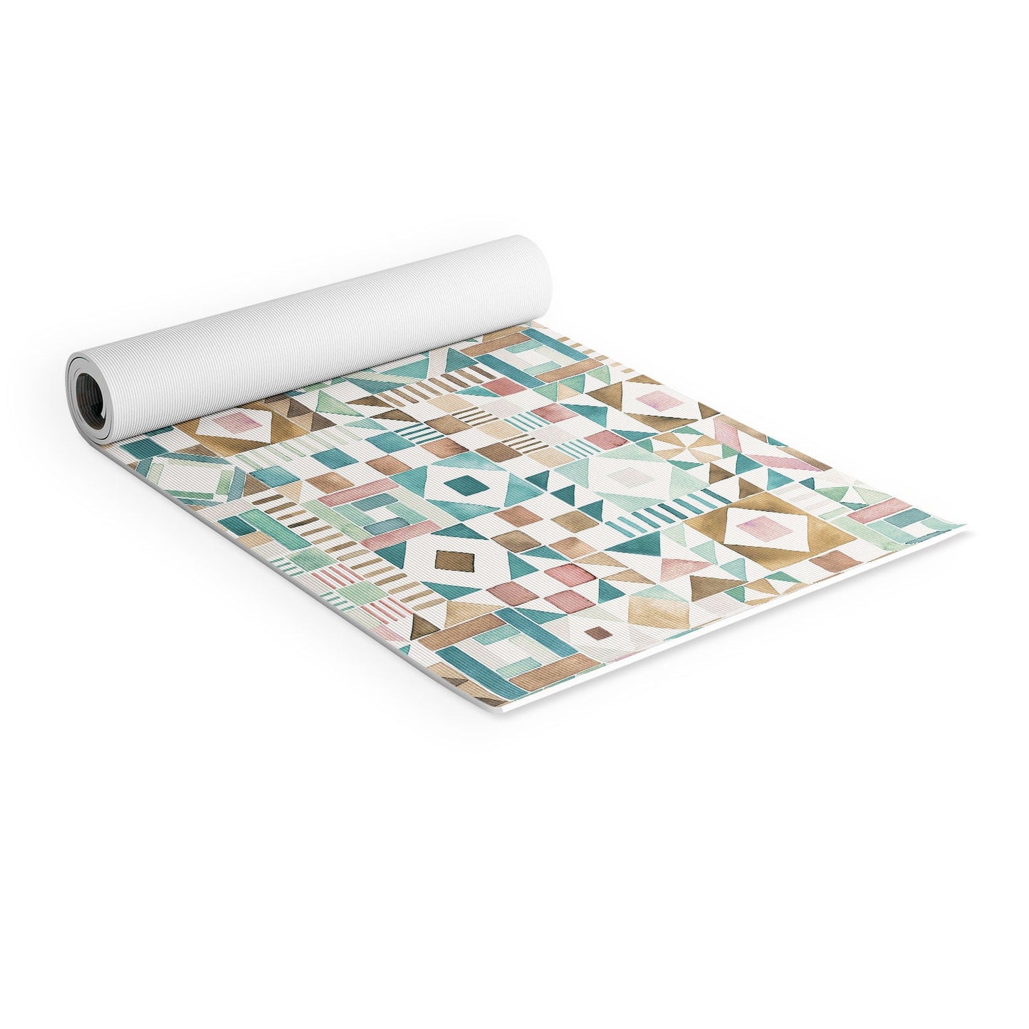 Ninola Design Charming Nostalgia Geometric Tiles Patchwork Aqua Pink Gold Yoga Mat