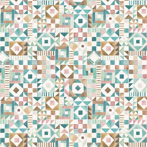 Ninola Design Charming Nostalgia Geometric Tiles Patchwork Aqua Pink Gold Wall Mural